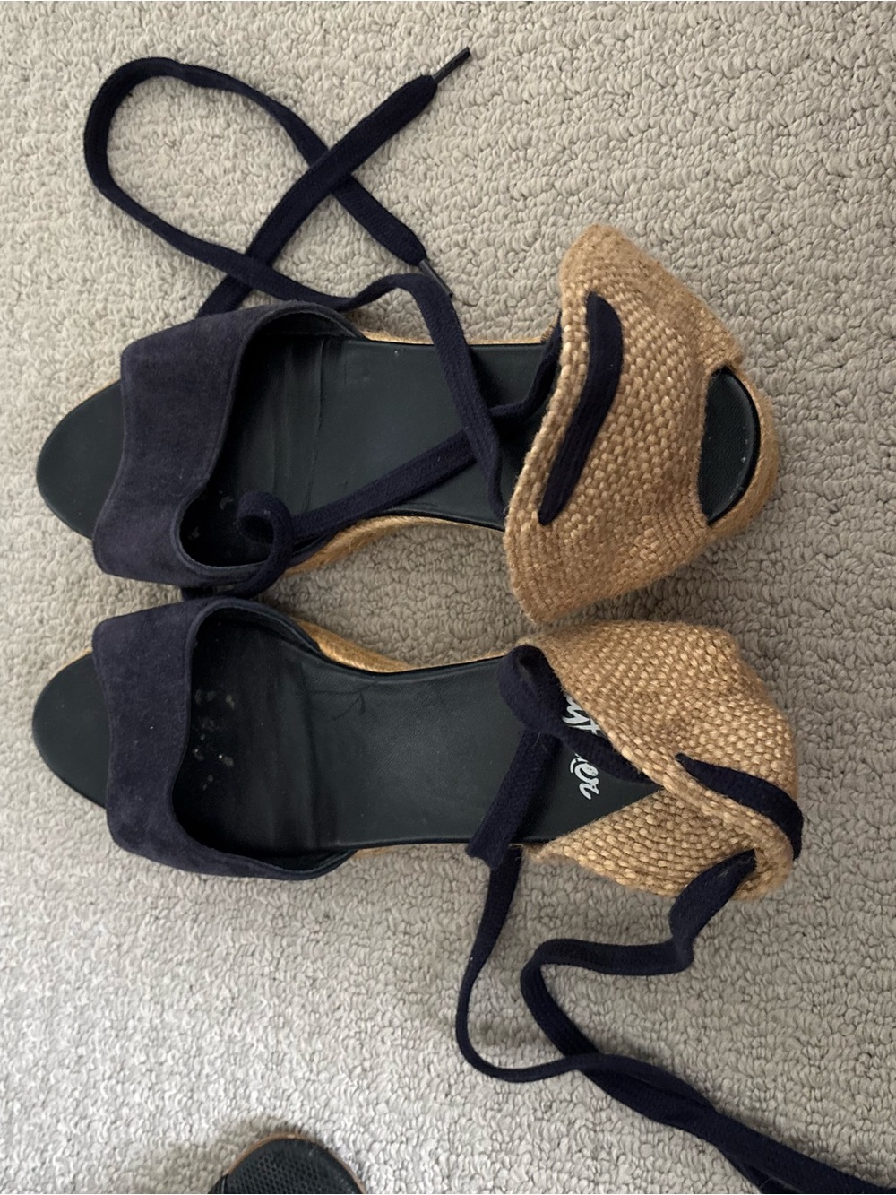 Castaner Navy and Tan Wedge Espadrilles with Ankle Ties